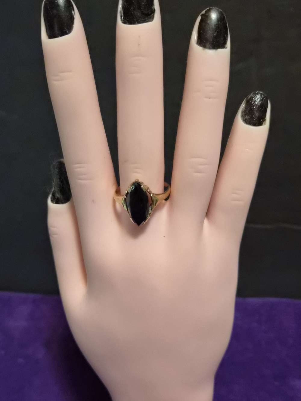 10k Gold Ring with Black Marquise Stone - Women's Fashion Jewelry Size 7,